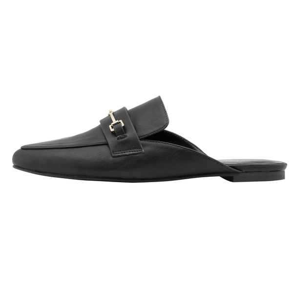 Buckle Pointed Toe Flat Mules - BLACK PU - 1